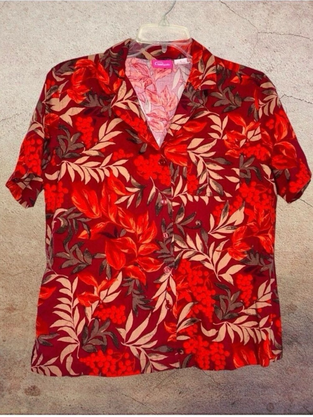Pappagallo Vintage Style Red Floral Button-Front Short Sleeve Hawaiian Top S
